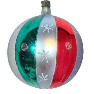 Vintage JUMBO Poland striped w/ mica stars dots Glass CHRISTMAS ORNAMENT